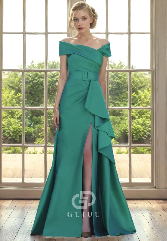 A-Line Off Shoulder Sleeveless Pleated Ruffles Mother of Bride Dress with Slit and Belt