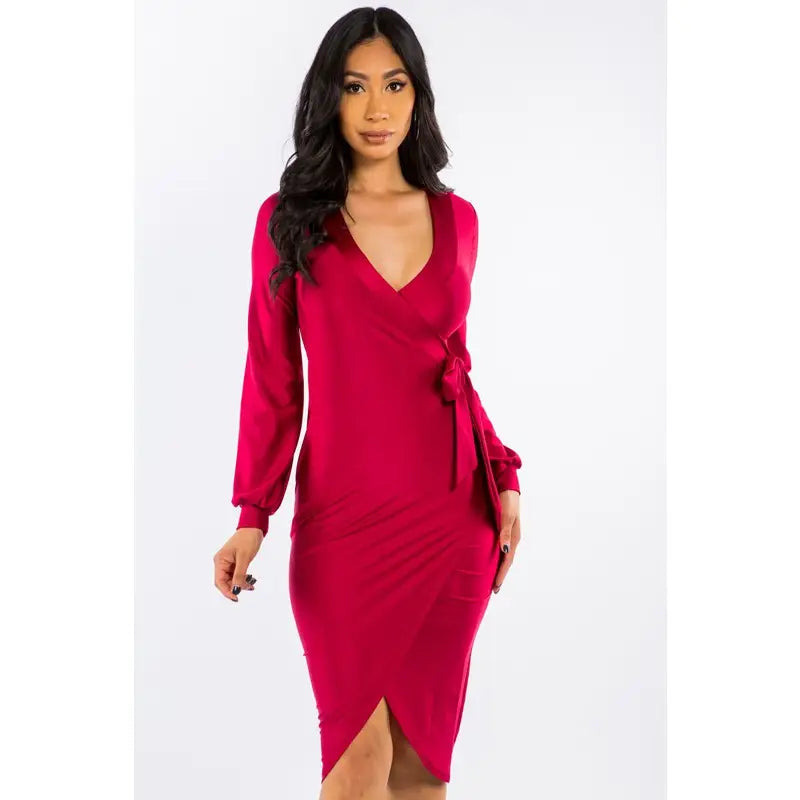 Stock Clearance Wrapped Tie Elegant Midi Dress