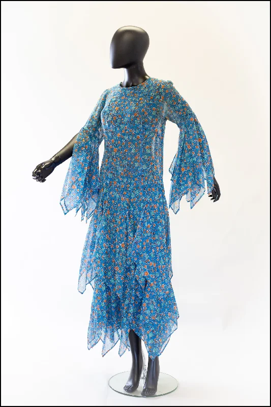 Vintage 1970s Blue Cotton Voile Maxi Dress