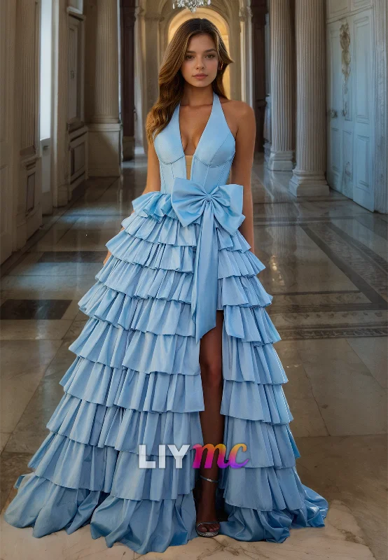Limited Availability V-Neck Sleeveless Tiered Side Slit Bowknot A-Line Prom Dress