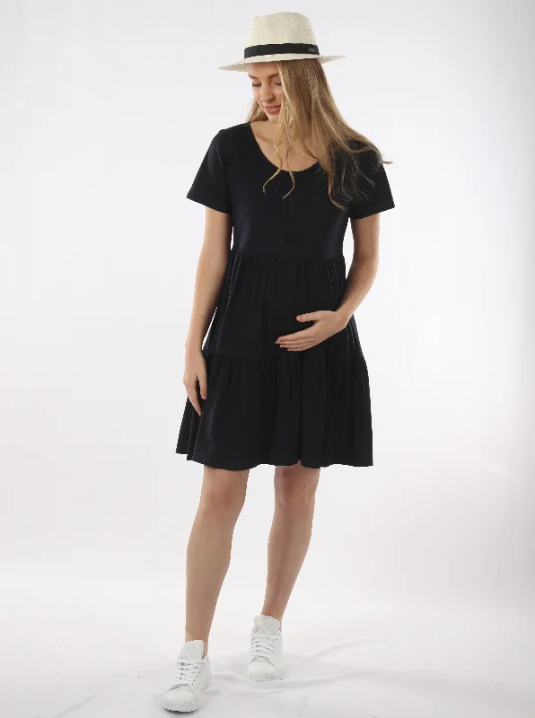 Exclusive Preview Tiered Mini Black Maternity  Dress - Short Sleeve