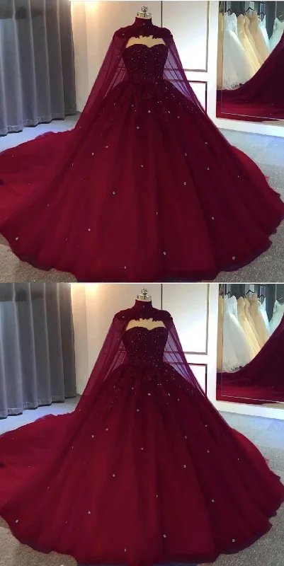 Holiday Sale Burgundy Ball Gown Wedding Dresstulle Prom Dresses