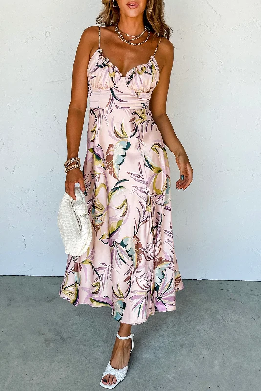 Major Savings Apricot Tropical Print Spaghetti Straps Cupped Dress