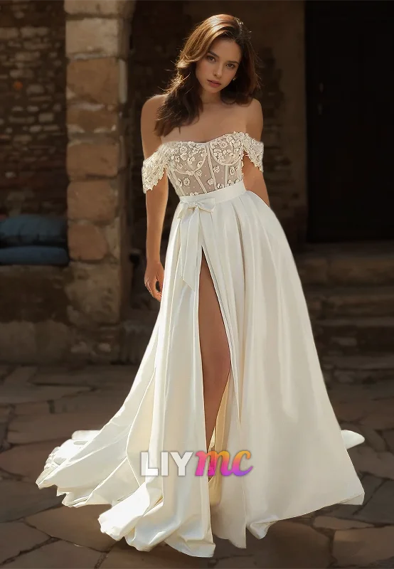 Exclusive Offers Off-Shoulder Strapless Appliques Pleated Satin A-Line Wedding Dress Exclusive Offers Off-Shoulder Strapless Appliques Pleated Satin A-Line Wedding Dress