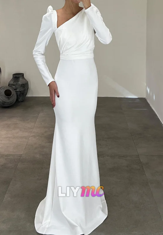 Steals and Deals LP2269 - Asymmetrical Long Sleeves Ruched Sleek Satin Sheath Prom Dress Steals and Deals LP2269 - Asymmetrical Long Sleeves Ruched Sleek Satin Sheath Prom Dress