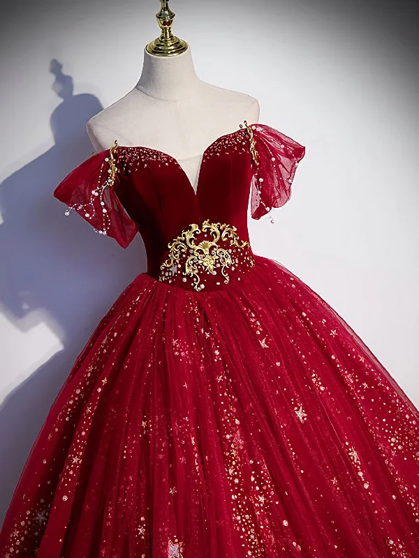 Special Price Burgundy Tulle Sequin Long Prom Dress, Burgundy Tulle Formal Dress
