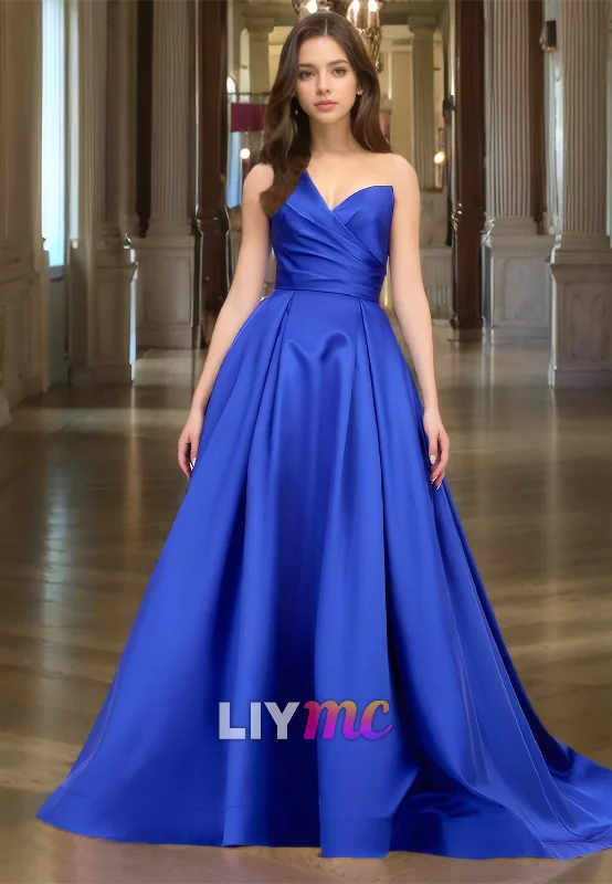 Discount Mania One Shoulder Sleeveless Pleated Satin A-Line Prom Dress
