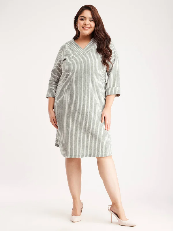 Exclusive Deal Cotton Linen Shift Dress - Olive And White
