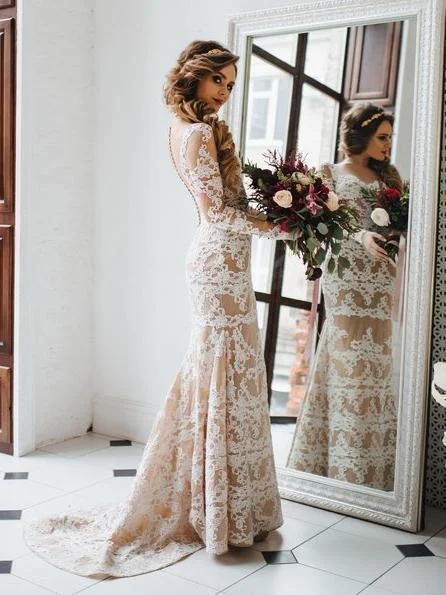 Must-Have Deals Sexy Nude Mermaid Wedding Dresses Long Sleeve Ivory Lace Rustic Wedding Dress NA2008