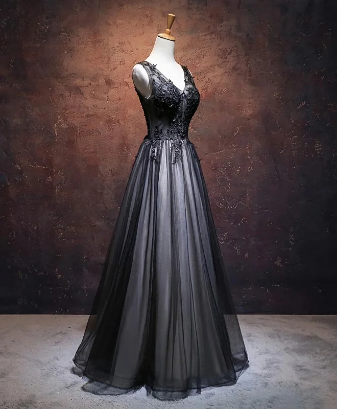 Price Drop Black V Neck Tulle Lace Applique Long Prom Dress, Black Evening Dress, 1