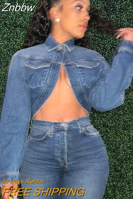 Price Buster Znbbw Women's Short Denim Jackets New Lapel Long Sleeve Pocket Single Button Solid Coat Female Autumn 2023 Fairy Grunge Top