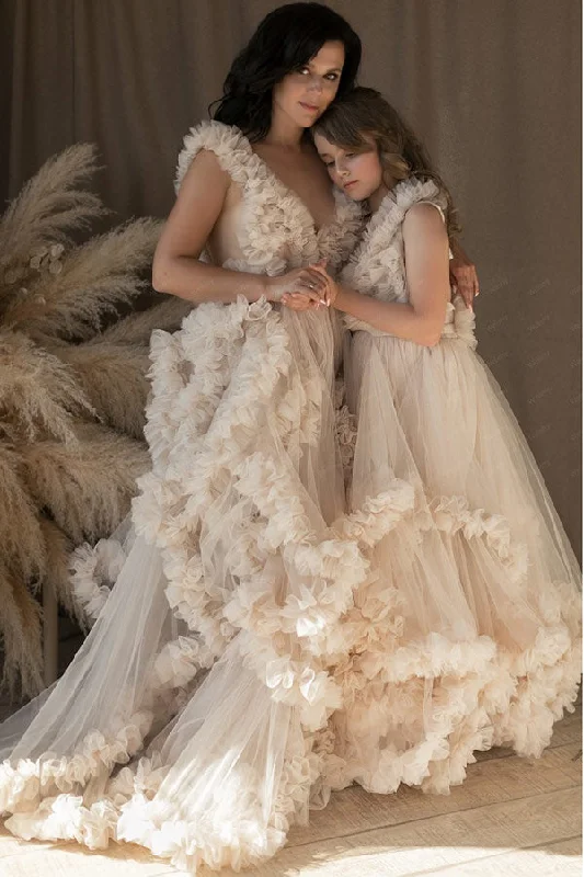 Crazy Deals Custom Champagne Ruffled Maternity Dress Tulle Parent-child Dress