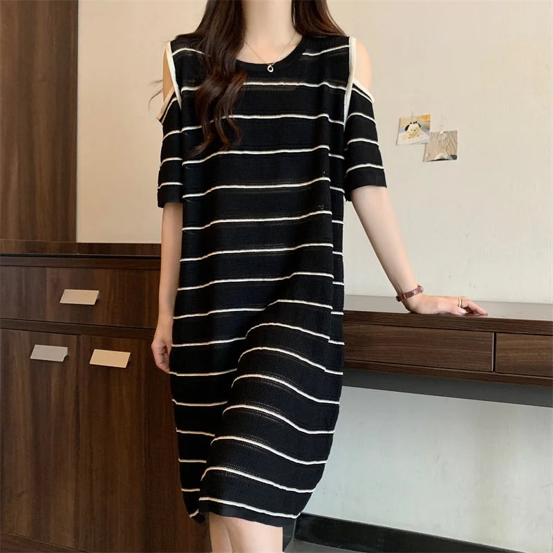 Special Discount Plus Size Korean Knit Stripes Off Shoulder Dress
