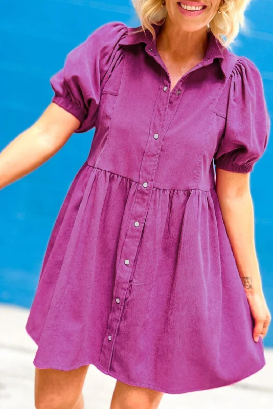 Best Bargains Rose Red Corduroy Puff Sleeve Collared Babydoll Dress