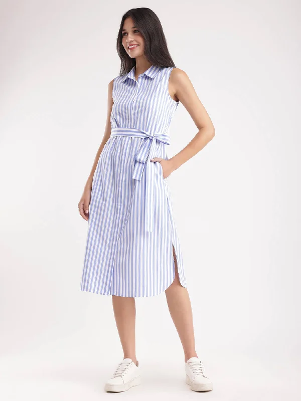 Savings Galore Cotton Striped Dress - Blue And White