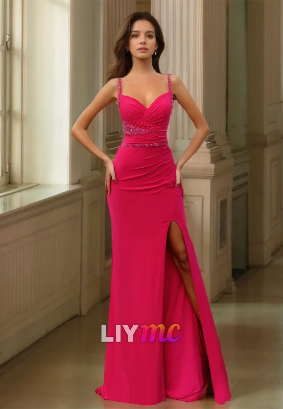 Midnight Madness V-Neck Spaghetti Straps Fitted Side Slit Sheath Formal Dress