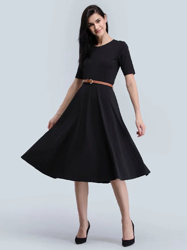 Cotton Round Neck Knitted Fit And Flare Dress - Black