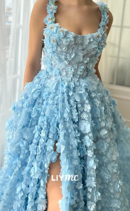 Overstock LP2100 - Square Sleeveless Floral Side Slit A-Line Prom Dress