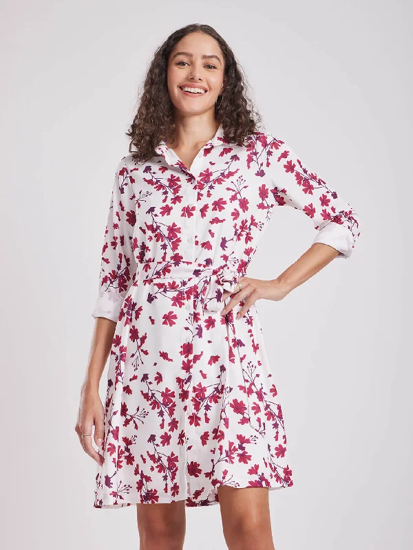Weekend Flash Sale Floral Shirt Dress - Maroon And White