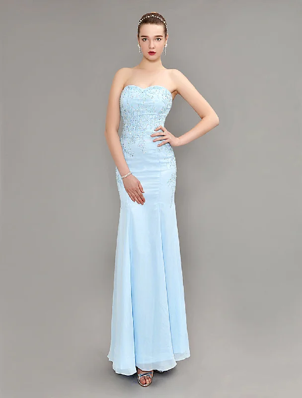 Year-End Sale Amazing Mermaid Evening Dress Pastel Blue Strapless Party Dress Beaded Floor Length Chiffon evening dress