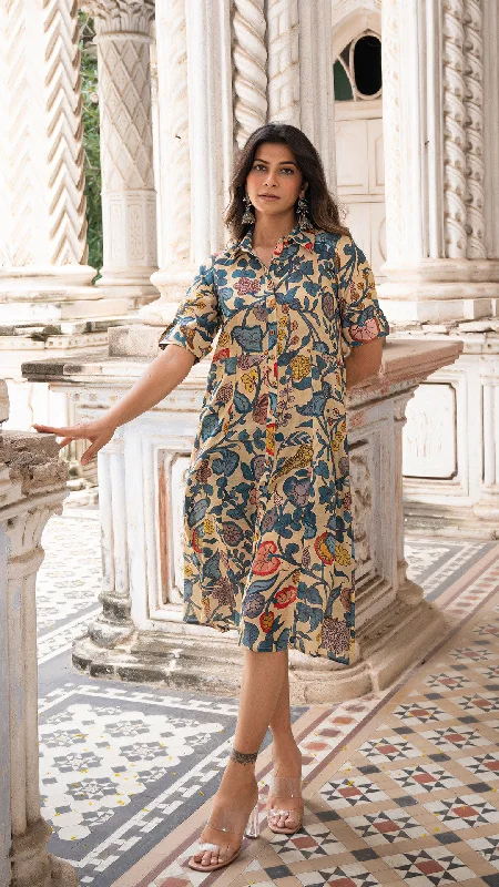 Closeout AAROHI KALAMKARI COTTON SILK DRESS - OFF WHITE