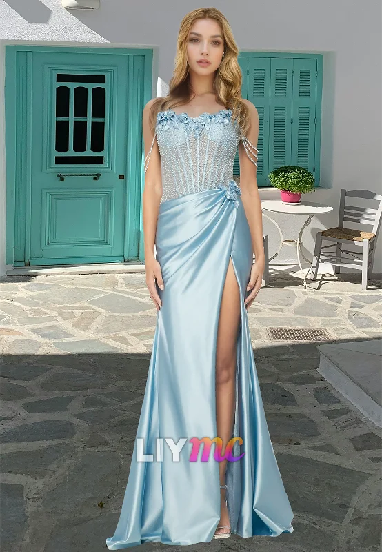 Deal Explosion Off-Shoulder Sleeveless Beaded Floral Embellished Ruched Sheath Prom Dress
