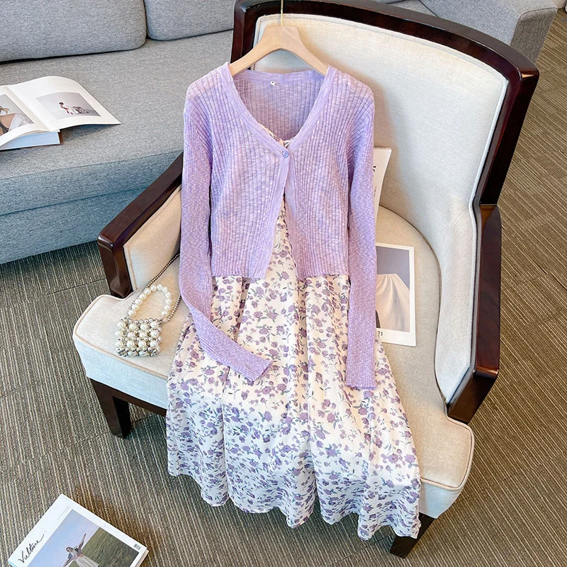 Extra Discounts Plus Size Cardigan and Floral Camisole Dress Set