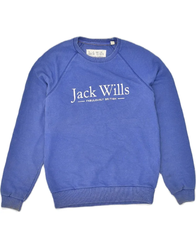 JACK WILLS Womens Graphic Sweatshirt Jumper UK 14 Medium Blue Cotton