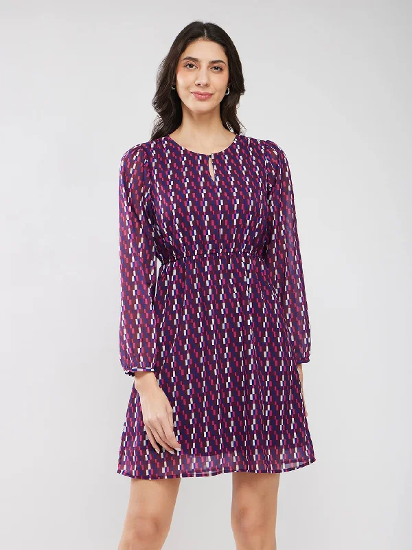 A-line Geometric Print Dress - Purple