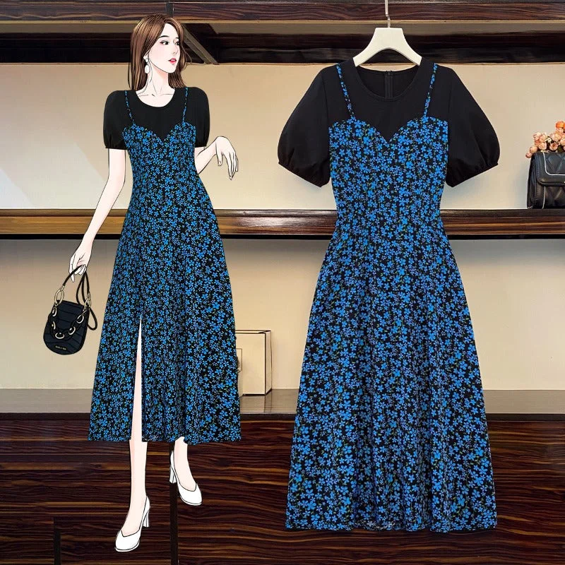 Sale Event Plus Size Korean Blue Floral Mock 2 Piece Midi Dress