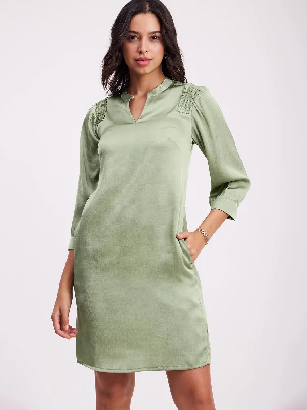 Seasonal Sale Satin Round Neck Dress - Sap Green