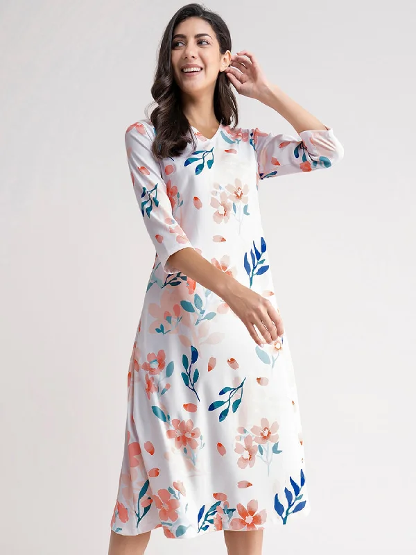 Huge Savings Floral A Line Dress - White