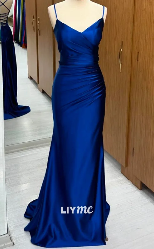 Year-End Sale LP2256 - V-Neck Spaghetti Straps Pleated Sleek Satin Sheath Cocktail Dress Prom Dress