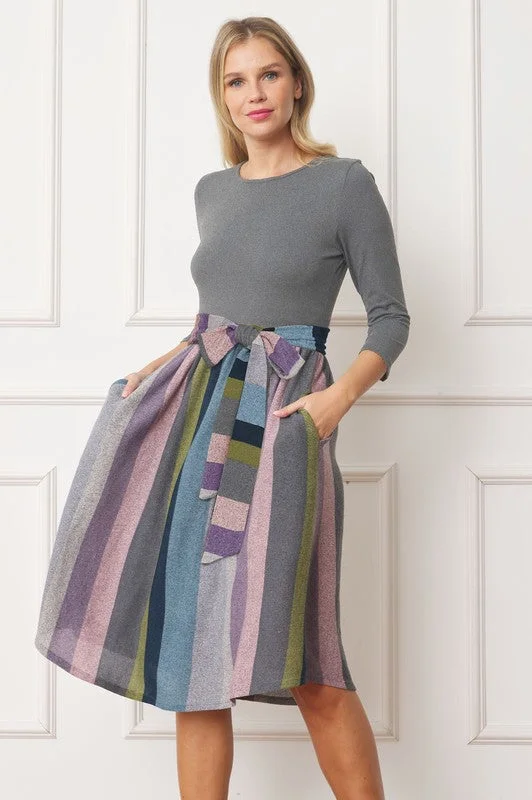 Mega Sale Quarter Sleeve Stripe Sash Midi Dress