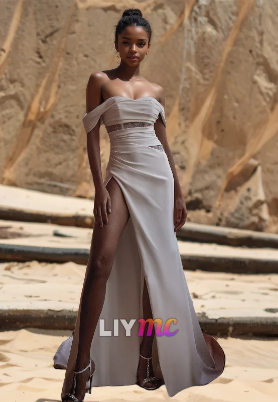 Exclusive Online Offer Off-Shoulder Strapless Pleated Ruched High Slit Sheath Beach Wedding Dress Exclusive Online Offer Off-Shoulder Strapless Pleated Ruched High Slit Sheath Beach Wedding Dress
