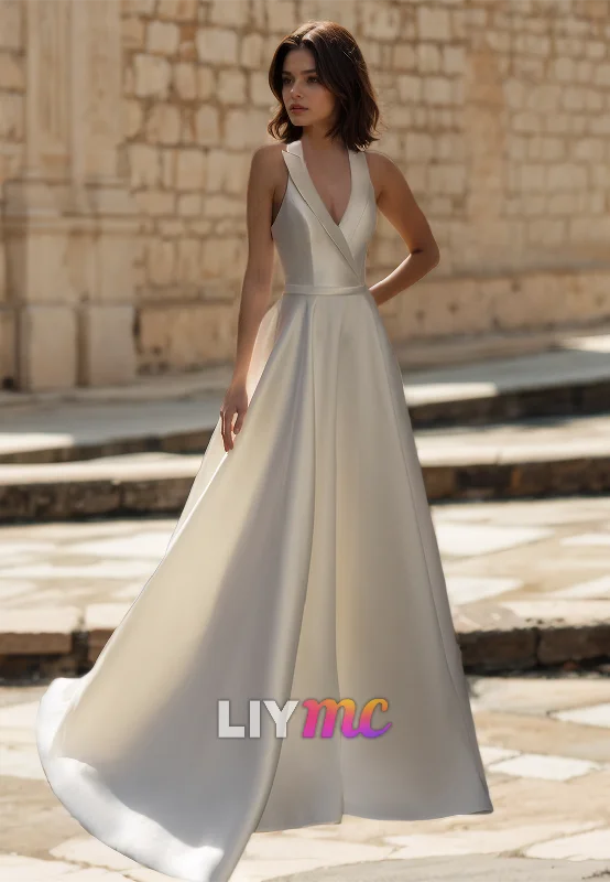 Savings Bonanza V-Neck Sleeveless Sleek Pleated Satin A-Line Simple Wedding Dress
