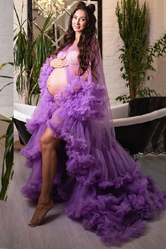 Extra Savings Custom Purple See-through Ruffled Maternity Photoshoot Gown