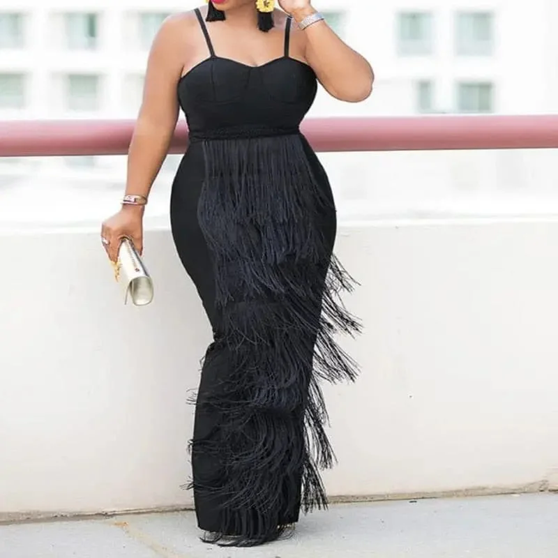 Price Cut Black Plus Size Spaghetti Strap High Waist Tassel DRESS