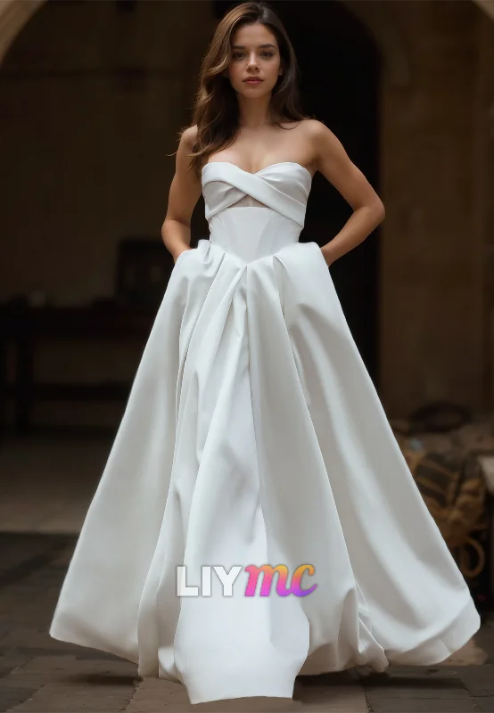 Act Fast Sweetheart Sleeveless Pleated Sleek Satin A-Line Wedding Dress