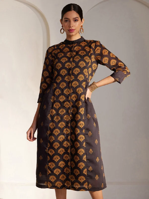 Flash Sale Chanderi Mandarin Collar Dress - Black And Mustard