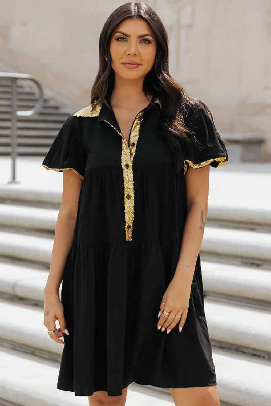Sneak Peek Sale Black Sequin Trim Bubble Sleeve Game Day Shirt Dress