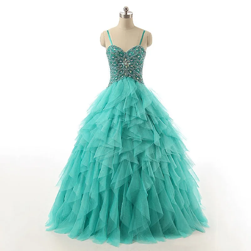 Instant Discount Spaghetti Straps Lace Up Beaded Long Prom Dress, Crystal Turquoise Ball Gown Prom Dress, Cascading Ruffles Tulle Prom Dress