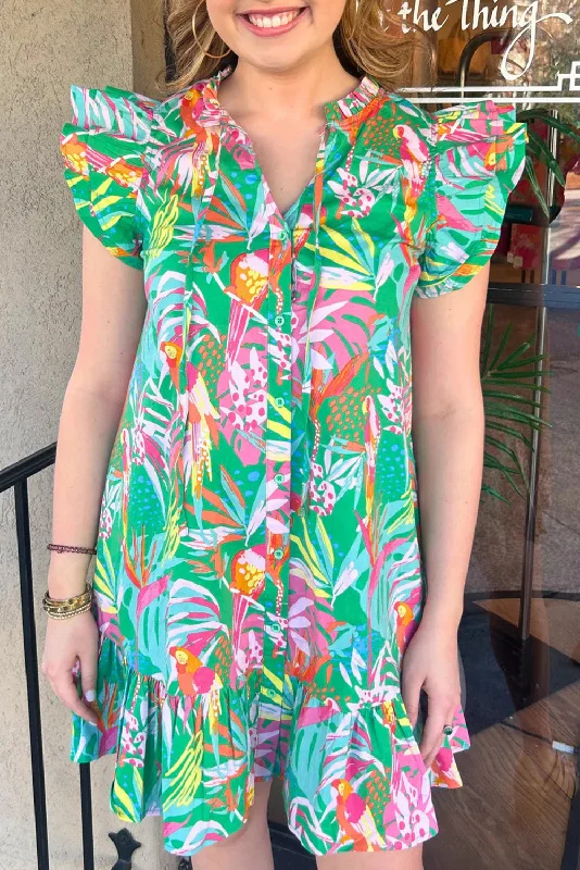 Referral Discount Pink Button Front Frill Neck Ruffle Trim Abstract Mini Dress