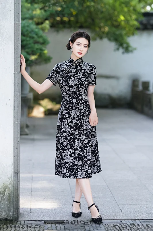 (M-5Xl) Plus Size Black Floral Modern Qipao Dress