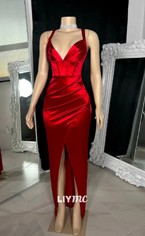 Anniversary Sale LP2229 - V-Neck Sleeveless Pleated Side Slit Sleek Satin Prom Dress Anniversary Sale LP2229 - V-Neck Sleeveless Pleated Side Slit Sleek Satin Prom Dress