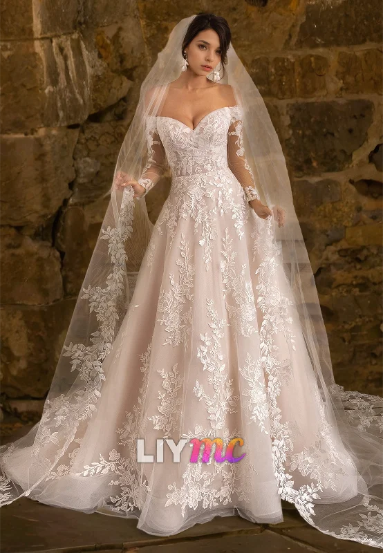 Buy Now V-Neck Long Sleeves Lace Appliques Ball Gown Wedding Dress
