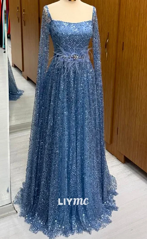 Weekend Special LP2249 - Square Long Sleeves Beaded Sequins Feathered A-Line Cocktail Dress Prom Dress Weekend Special LP2249 - Square Long Sleeves Beaded Sequins Feathered A-Line Cocktail Dress Prom Dress