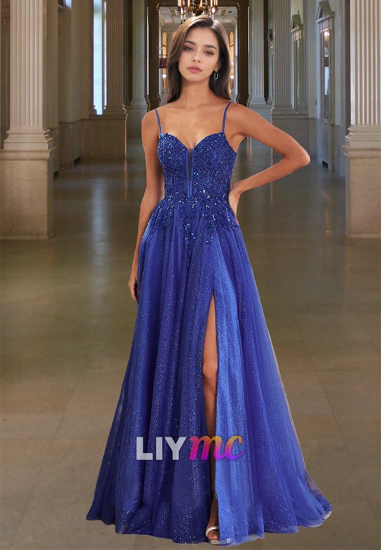 Extra Savings Sweetheart Spaghetti Straps Appliques Tulle A-Line Prom Dress