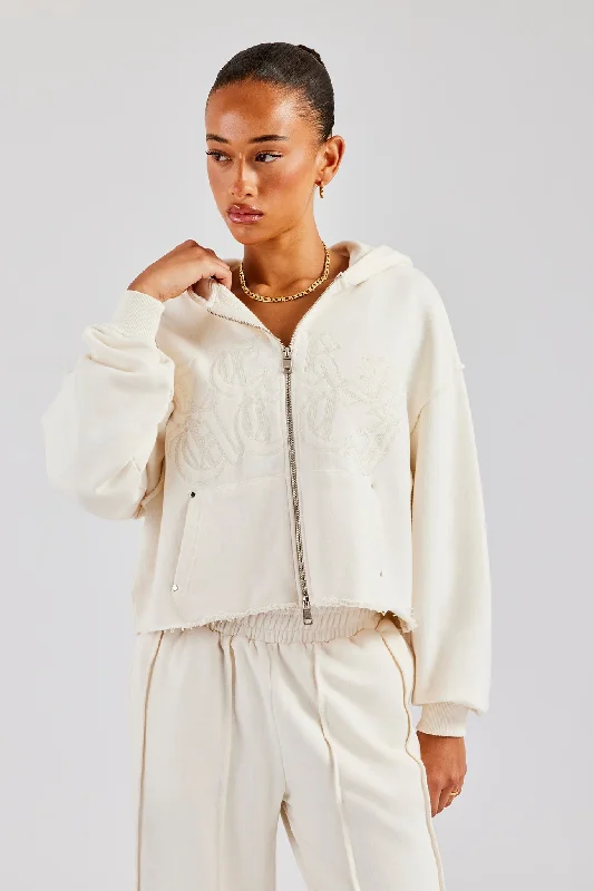Deep Discounts Raw Edge Zip Through Hoodie - Off White