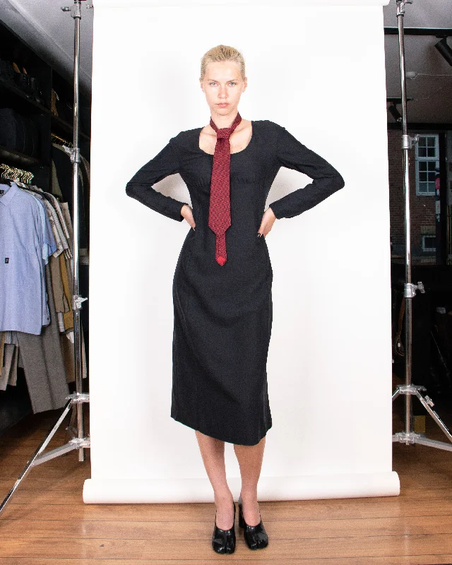 Special Savings 1990s Dries Van Noten Silk and Wool Black Midi Dress M